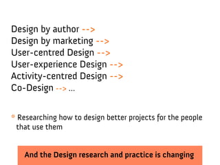 Design by author -->
Design by marketing -->
User-centred Design -->
User-experience Design -->
Activity-centred Design -->
Co-Design --> …

* Researching how to design better projects for the people
 that use them


    And the Design research and practice is changing
 