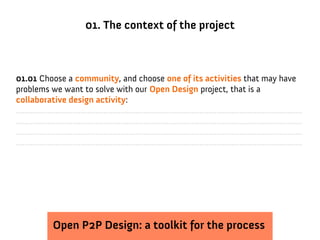 01. The context of the project



01.01 Choose a community, and choose one of its activities that may have
problems we want to solve with our Open Design project, that is a
collaborative design activity:
.........................................................................................................................................
.........................................................................................................................................
.........................................................................................................................................
.........................................................................................................................................




                 Open P2P Design: a toolkit for the process
 