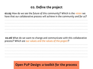02. Define the project
02.05 How do we see the future of this community? Which is the vision we
have that our collaborative process will achieve in the community and for us?
..............................................................................................................................
..............................................................................................................................
..............................................................................................................................
..............................................................................................................................
..............................................................................................................................

 02.06 What do we want to change and communicate with this collaborative
process? Which are our values and the values of the project?
..............................................................................................................................
..............................................................................................................................
..............................................................................................................................
..............................................................................................................................
..............................................................................................................................


                Open P2P Design: a toolkit for the process
 