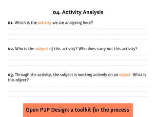 04. Activity Analysis
01. Which is the activity we are analysing here?
.........................................................................................................................................
.........................................................................................................................................
.........................................................................................................................................

02. Who is the subject of this activity? Who does carry out this activity?
..................................................................................................................................... ....
.........................................................................................................................................
.........................................................................................................................................

03. Through the activity, the subject is working actively on an object. What is
this object?
.........................................................................................................................................
.........................................................................................................................................
.........................................................................................................................................


                 Open P2P Design: a toolkit for the process
 