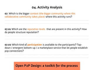 04. Activity Analysis
07. Which is the bigger context (the bigger community where this
collaborative community takes place) where this activity runs?
.........................................................................................................................................
.........................................................................................................................................

07.01 Which are the reputation levels that are present in this activity? How
do people structure reputation?
.........................................................................................................................................
.........................................................................................................................................

07.02 Which kind of participation is available to the participants? Top-
down / emergent bottom-up / a marketplace service that let people establish
p2p connections?
.........................................................................................................................................
.........................................................................................................................................


                 Open P2P Design: a toolkit for the process
 