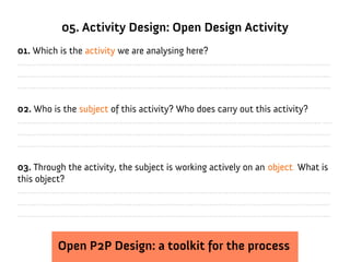 05. Activity Design: Open Design Activity
01. Which is the activity we are analysing here?
.........................................................................................................................................
.........................................................................................................................................
.........................................................................................................................................

02. Who is the subject of this activity? Who does carry out this activity?
..................................................................................................................................... ....
.........................................................................................................................................
.........................................................................................................................................

03. Through the activity, the subject is working actively on an object. What is
this object?
.........................................................................................................................................
.........................................................................................................................................
.........................................................................................................................................


                 Open P2P Design: a toolkit for the process
 