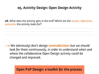 05. Activity Design: Open Design Activity


08. What does the activity gets in the end? Which are the results, objectives,
outcomes the activity looks for?
.........................................................................................................................................
.........................................................................................................................................
.........................................................................................................................................



--> We (obviously) don't design contradictions but we should
   look for them continuously, in order to understand when and
   where the collaborative Open Design activity could be
   changed and improved.


                 Open P2P Design: a toolkit for the process
 