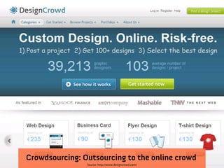 Crowdsourcing: Outsourcing to the online crowd
                Source: http://www.designcrowd.com/
 