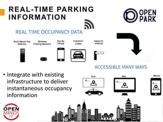 REAL-TIME PARKING
INFORMATION
• Integrate with existing
infrastructure to deliver
instantaneous occupancy
information
 