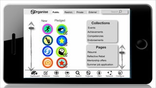 New Pledged
Collections
Events
Achievements
Competencies
Endorsements
Pages
Résumé
Reﬂective Rebel
Mentorship offers
Summer job application
Create Issue Search Organise ClaimDashboard NetworkEvidence Conﬁgure
Organise Public Restrict. Private External Search
 