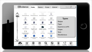 Types
Badges
Experience (xAPI)
Images
Texts
Create Issue Search Organise ClaimDashboard NetworkEvidence Conﬁgure
Miscellaneous
Pages
Evidence Public Restrict. Private External Search
 