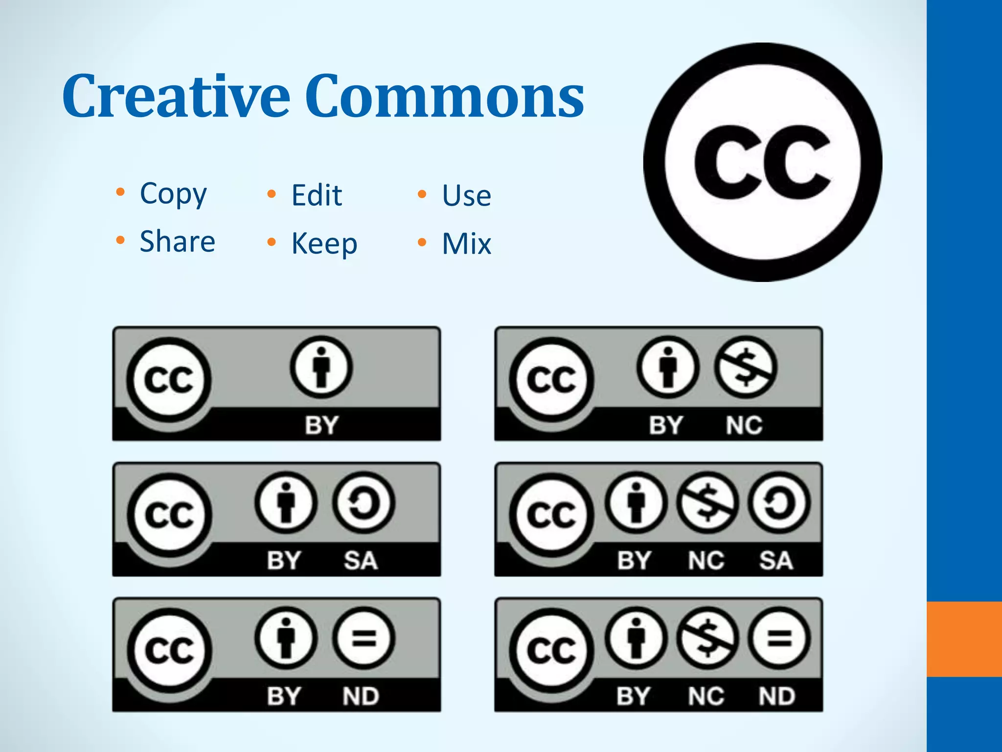 Creative Commons
• Copy
• Share
• Edit
• Keep
• Use
• Mix
 