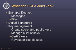 What can PGP/GnuPG do? Encrypt / Decrypt Messages Files Digital Signatures Key management Create secret and public keys Manage a list of keys Certify keys Revoke or disable keys 