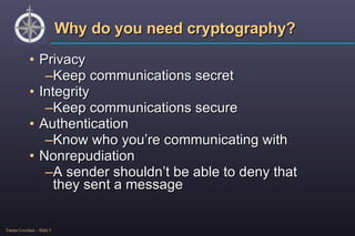 Why do you need cryptography? Privacy Keep communications secret Integrity Keep communications secure Authentication Know who you’re communicating with Nonrepudiation A sender shouldn’t be able to deny that they sent a message 