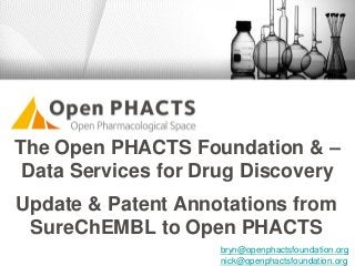 The Open PHACTS Foundation & –
Data Services for Drug Discovery
bryn@openphactsfoundation.org
nick@openphactsfoundation.org
Update & Patent Annotations from
SureChEMBL to Open PHACTS
 