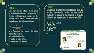 PERALTE
Es la elevación del exterior de una curva,
el cual se utilizada para contrarrestar la
fuerza centrífuga que aparece en las
curvas. Esta fuerza puede ocasionar
volcadura de los vehículos mineros.
e = v2 _ f
127,14 * R
e = Tangente del ángulo del plano
horizontal de la vía
V = velocidad (km/hr)
R = radio de la curva (m)
f = coeficiente de fricción
EJEMPLO
Determinar el peralte máximo necesario para que
una flota de volquetes circule a una velocidad de
25 km/hr, en una curva que tiene 50 m de radio,
sabiendo que el coeficiente de fricción es 0, 075
e = 25 (2) _ 0,075
127,14*50
e = 0.023*100
e = 2.3%
 