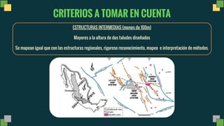 ESTRUCTURAS INTERMEDIAS (menos de 100m)
Mayores a la altura de dos taludes diseñados
Se mapean igual que con las estructuras regionales, riguroso reconocimiento, mapeo e interpretación de métodos.
CRITERIOS A TOMAR EN CUENTA
 