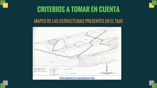 MAPEO DE LAS ESTRUCTURAS PRESENTES EN EL TAJO
VISTA OBLICUA DE LA GEOLOGÍA DEL TAJO
CRITERIOS A TOMAR EN CUENTA
 