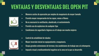 VENTAJAS Y DESVENTAJAS DEL OPEN PIT
➢ Menores costos de operación por empleo de maquinaria de mayor tamaño
➢ Permite mayor recuperación de las capas, venas o filones
➢ No es necesaria la ventilación, alumbrado, ni sostenimiento
➢ Permite uso de explosivos de cualquier tipo
➢ Condiciones de seguridad e higiene en el trabajo son mucho mejores
➢ Control de estabilidad de taludes
➢ Mayor inversión inicial en equipamiento y maquinaria.
➢ Ocupa grandes extensiones de terreno y las condiciones de trabajo son a la intemperie.
➢ Impacto visual y medioambiental negativo en la zona en la que se desarrolla
 