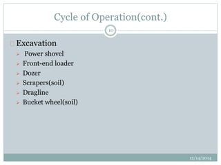 Cycle of Operation(cont.) 
12/14/2014 
10 
Excavation 
 Power shovel 
 Front-end loader 
 Dozer 
 Scrapers(soil) 
 Dragline 
 Bucket wheel(soil) 
 