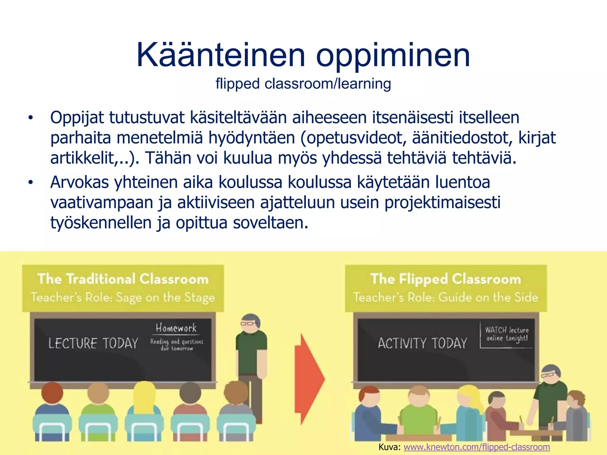 Käänteinen oppiminen
flipped classroom/learning
• Oppijat tutustuvat käsiteltävään aiheeseen itsenäisesti itselleen
parhaita menetelmiä hyödyntäen (opetusvideot, äänitiedostot, kirjat
artikkelit,..). Tähän voi kuulua myös yhdessä tehtäviä tehtäviä.
• Arvokas yhteinen aika koulussa koulussa käytetään luentoa
vaativampaan ja aktiiviseen ajatteluun usein projektimaisesti
työskennellen ja opittua soveltaen.
Kuva: www.knewton.com/flipped-classroom
 