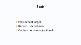3 parts
Provide test target
Record user behavior
Capture comments (optional)
 