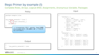 12
©2021 VMware, Inc.
Rego Primer by example (1)
Complete Rules, Arrays, Logical AND, Assignments, Anonymous Variable, Packages
package example.rules
any_public_networks = true {
net := input.networks[_]
net.public
}
{
"servers": [
{ "id": "web",
"proto": ["https", "ssh"],
"ports": ["p1", "p2"]},
{ "id": "app",
"proto": ["tomcat"],
"ports": ["p3"]},
{ "id": "db",
"proto": ["mysql"],
"ports": ["p4"]}
],
"networks": [
{"id": "net1", "public": true},
{"id": "net2", "public": false}
],
"ports": [
{"id": "p1", "network": "net1"},
{"id": "p2", "network": "net2"},
{"id": "p3", "network": "net2"},
{"id": "p4", "network": "net2"}
]
}
{
"any_public_networks": true
}
Policy Input
Output
”:=” は assginment（代⼊） operator。Rego の変数
は immutable なので、同じ変数に⼆度 ”:=” で代⼊す
ることはできない。
 