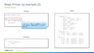 14
©2021 VMware, Inc.
Rego Primer by example (2)
Partial Rules
package example.rules
public_network[net.id] {
net := input.networks[_]
net.public
}
{
"servers": [
{ "id": "web",
"proto": ["https", "ssh"],
"ports": ["p1", "p2"]},
{ "id": "app",
"proto": ["tomcat"],
"ports": ["p3"]},
{ "id": "db",
"proto": ["mysql"],
"ports": ["p4"]}
],
"networks": [
{"id": "net1", "public": true},
{"id": "net2", "public": false}
],
"ports": [
{"id": "p1", "network": "net1"},
{"id": "p2", "network": "net2"},
{"id": "p3", "network": "net2"},
{"id": "p4", "network": "net2"}
]
}
{
"public_network": [
"net1"
]
}
Policy Input
Output
<head> が [ ] を持っている場合は、Partial
Rule と呼ばれ、複数の値をセットするのに
使われる。
 