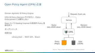 5
©2021 VMware, Inc.
Open Policy Agent (OPA) とは
Domain Agnositc な Policy Engine
OPA は Policy Decision だけを⾏い、Policy
Enforcement には関与しない
Rego という Datalog Inspired な宣⾔的 Policy ⾔
語を持つ
オープンソース
利⽤⽅法
Library (Go）、REST API、Wasm
Source: https://www.openpolicyagent.org/docs/latest/
 