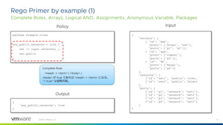 8
©2021 VMware, Inc.
Rego Primer by example (1)
Complete Rules, Arrays, Logical AND, Assignments, Anonymous Variable, Packages
package example.rules
any_public_networks = true {
net := input.networks[_]
net.public
}
{
"servers": [
{ "id": "web",
"proto": ["https", "ssh"],
"ports": ["p1", "p2"]},
{ "id": "app",
"proto": ["tomcat"],
"ports": ["p3"]},
{ "id": "db",
"proto": ["mysql"],
"ports": ["p4"]}
],
"networks": [
{"id": "net1", "public": true},
{"id": "net2", "public": false}
],
"ports": [
{"id": "p1", "network": "net1"},
{"id": "p2", "network": "net2"},
{"id": "p3", "network": "net2"},
{"id": "p4", "network": "net2"}
]
}
{
"any_public_networks": true
}
Policy Input
Output
Complete Rule:
<head> = <term> { <body> }
<body> が true であれば <head> = <term> になる。
”= true” は省略可能。
 