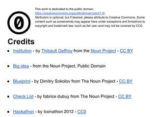 Credits
● Institution - by Thibault Geffroy from the Noun Project - CC BY
● Big idea - from the Noun Project, Public Domain
● Blueprint - by Dimitry Sokolov from The Noun Project - CC BY
● Check List - by fabrice dubuy from The Noun Project - CC BY
● Hackathon - by Iconathon 2012 - CC0
This work is dedicated to the public domain.
https://creativecommons.org/publicdomain/zero/1.0/.
Attribution is optional, but if desired, please attribute to Creative Commons. Some
content such as screenshots may appear here under exceptions and limitations to
copyright and trademark law--such as fair use--and may not be covered by CC0.
 