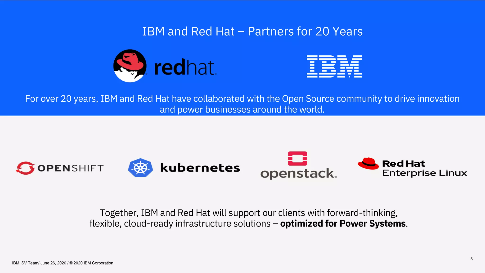 3
Together, IBM and Red Hat will support our clients with forward-thinking,
flexible, cloud-ready infrastructure solutions – optimized for Power Systems.
IBM and Red Hat – Partners for 20 Years
For over 20 years, IBM and Red Hat have collaborated with the Open Source community to drive innovation
and power businesses around the world.
IBM ISV Team/ June 26, 2020 / © 2020 IBM Corporation
 