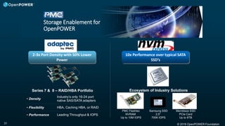 © 2016 OpenPOWER Foundation31
Storage Enablement for
OpenPOWER
Series 7 & 8 – RAID/HBA Portfolio
PMC Flashtec
NVRAM
Up to 10M IOPS
Samsung SSD
2.5”
700K IOPS
Ecosystem of Industry Solutions
Memblaze SSD
PCIe Card
Up to 8TB
10x Performance over typical SATA
SSD’s
2-3x Port Density with 50% Lower
Power
• Density
Industry’s only 16-24 port
native SAS/SATA adapters
• Flexibility HBA, Caching HBA, or RAID
• Performance Leading Throughput & IOPS
 