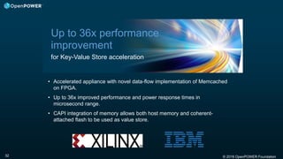 © 2016 OpenPOWER Foundation32
• Accelerated appliance with novel data-flow implementation of Memcached
on FPGA.
• Up to 36x improved performance and power response times in
microsecond range.
• CAPI integration of memory allows both host memory and coherent-
attached flash to be used as value store.
Up to 36x performance
improvement
for Key-Value Store acceleration
 