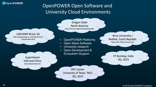 © 2016 OpenPOWER Foundation39
UNICAMP Brazil, SA
http://openpower.ic.unicamp.br/mini
cloud/index.html
Oregon State
North America
http://osuosl.org/services/powerdev
Brno University /
RedHat. Czech Republic
https://fit-rhlab.rhcloud.com
SuperVessel
USA and China
www.ptopenlab.com
IIT Bombay, India
3Q, 2015
HPC Center
University of Texas- TACC
3Q, 2015
OpenPOWER Open Software and
University Cloud Environments
• OpenPOWER Platforms
• Open Stack Software
• University research
• Open Development &
Ecosystem Support
 