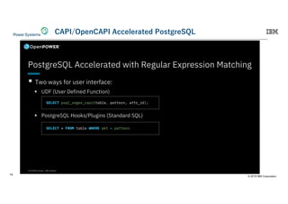 © 2019 IBM Corporation
14
© 2018 IBM Corporation | IBM Confidential 3
PostgreSQL Accelerated with Regular Expression Matching
§ Two ways for user interface:
§ UDF (User Defined Function)
§ PostgreSQL Hooks/Plugins (Standard SQL)
SELECT psql_regex_capi(table, pattern, attr_id);
SELECT * FROM table WHERE pkt ~ pattern;
2. 1F 2. 9I 2EHI /
 
