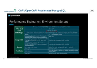 © 2019 IBM Corporation
16
© 2018 IBM Corporation | IBM Confidential 9
Performance Evaluation: Environment Setups
Host Server Romulus, 2-socket, POWER 9 22 cores, 512GB memory, normal SATA hard disk
FPGA Card Xilinx VU9P
CAPI CAPI 2.0 + SNAP 2.0
CAPI-Regex 8 16X1 engines, 16 packet pipelines per engine; 2 64X1 engines, 64 pipelines per engine. All running @225Mhz
PostgreSQL
Version 11.2, complied from source
shared_buffers: the amount of memory the
database server uses for shared memory buffers
4GB, 1GB
max_worker_processes: the maximum number
of background processes that the system can
support.
176 (the max value supported by Romulus)
max_parallel_workers: the maximum
number of workers that the system can support
for parallel queries
176 (the max value supported by Romulus)
Queries CAPI-Regex in UDF mode SELECT * FROM table WHERE pkt ~ pattern
Test Table
Table Type Synthetic Tables
Table Schema
Each row contains 2 columns (ID, packet); packet is 1024-byte
random string
Table Size Number of rows varies between tables
2. 1F 2. 9I 2EHI /
 