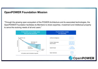 OpenPOWER Foundation Mission
“Through the growing open ecosystem of the POWER Architecture and its associated technologies, the
OpenPOWER Foundation facilitates its Members to share expertise, investment and intellectual property
to serve the evolving needs of all end users.”
Artificial Intelligence
Custom Hyperscale
Data Centers
Hybrid Cloud
Open Solutions
IT consumption models
are expanding
Price/Performance
Full system stack innovation required
Moore’s Law
Technology and
Processors
2000 2020
Firmware / OS
Accelerators
Software
Storage
Network
Full Stack
Acceleration
(Lower is
better)
IT innovation can no longer come
from just the processor
 