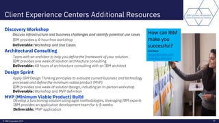 © IBM Corporation 2019 29
Client Experience Centers Additional Resources
Design Sprint
Discovery Workshop
Discuss infrastructure and business challenges and identify potential use cases
IBM provides a 4-hour free workshop
Deliverable: Workshop and Use Cases
MVP (Minimum Viable Product) Build
Architectural Consulting
Team with an architect to help you define the framework of your solution.
IBM provides one week of solution architecture consulting
Deliverable: 40 hours of architecture consulting with an IBM architect
Develop a functioning solution using agile methodologies, leveraging IBM experts
IBM provides an application development team for 6-8 weeks
Deliverable: MVP application
How can IBM
make you
successful?
Contact:
design@us.ibm.com
aicoc@us.ibm.com
Apply IBM Design Thinking principles to evaluate current business and technology
processes and define the minimum viable product (MVP).
IBM provides one week of solution design, including an in-person workshop
Deliverable: Workshop and MVP definition
 