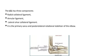 The LCL has three components
• Radial collateral ligament,
• Annular ligament,
• Lateral ulnar collateral ligament.
• It is the primary varus and posterolateral rota)onal stabilizer of the elbow.
 