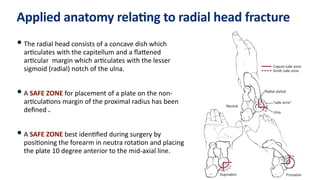 Applied anatomy relaGng to radial head fracture
• The radial head consists of a concave dish which
ar)culates with the capitellum and a ﬂaQened
ar)cular margin which ar)culates with the lesser
sigmoid (radial) notch of the ulna.
• A SAFE ZONE for placement of a plate on the non-
ar)cula)ons margin of the proximal radius has been
deﬁned .
• A SAFE ZONE best iden)ﬁed during surgery by
posi)oning the forearm in neutra rota)on and placing
the plate 10 degree anterior to the mid-axial line.
 