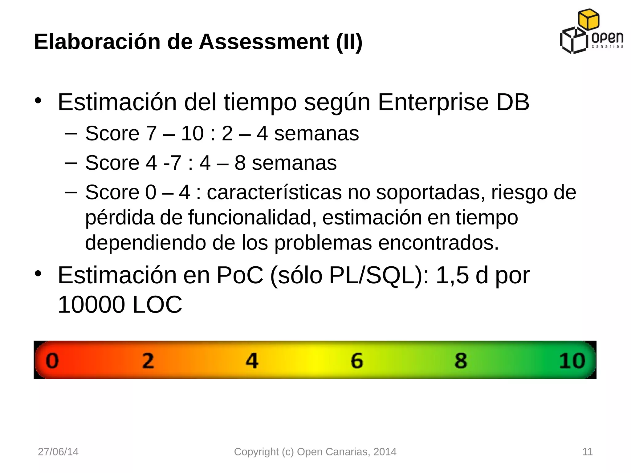 • Estimación del tiempo según Enterprise DB
– Score 7 – 10 : 2 – 4 semanas
– Score 4 -7 : 4 – 8 semanas
– Score 0 – 4 : características no soportadas, riesgo de
pérdida de funcionalidad, estimación en tiempo
dependiendo de los problemas encontrados.
• Estimación en PoC (sólo PL/SQL): 1,5 d por
10000 LOC
Elaboración de Assessment (II)
27/06/14 Copyright (c) Open Canarias, 2014 11
 