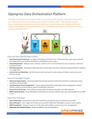 1	
Data	Sheet		
www.openprisetech.com	
Openprise	Data	Orchestration	Platform	
	
The	Openprise	Data	Orchestration	Platform	automates	all	the	painful,	manual	processes	that	
your	sales	automation	and	marketing	automation	solutions	don’t.	With	Openprise,	data-
driven	marketing	and	sales	teams	can	simplify	their	martech	stack	with	a	single	platform	to	
automate	hundreds	of	business	processes	like	list	loading,	cleansing	and	enrichment,	account	
scoring,	and	many	more.		
	
	
	
	
Clean	Up	Your	Data	&	Keep	It	Clean	
• Data	Cleansing	&	Enrichment	-	Fix	typos,	formatting,	and	other	errors.	Orchestrate	how	open	source	and	3rd	
party	data	enters	your	systems	and	how	it’s	standardized	to	your	specs.
• Data	Deduplication	-	Dedupe	Leads,	Contacts,	and	Accounts	in	real	time	based	on	your	company’s	criteria	for	
surviving	records.
• Field	Normalization	-	Standardize	fields	with	your	unique	values.	No	more	creating	50	keyword	filters	to	segment	
on	a	single	field.
• Lead-to-Account	Matching	-	Get	the	fundamentals	down	pat	for	lead	routing,	attribution,	lead	scoring,	and	
account	scoring.
Focus	on	the	Right	Targets	
• Advanced	Segmentation	-	Derive	key	fields	like	job	level	and	job	function	from	job	title	to	make	lead	scoring	
consistent	and	meaningful.
• Lead	Routing	&	Account	Assignment	-	Create	sophisticated	lead	routing	logic	based	on	geography,	product	
interest,	previous	account	history,	partner	involvement,	and	more.
• Account	&	Lead	Scoring	-	Test	multiple	scoring	models	simultaneously	with	a	scientific	approach.
• ABM	Activity	Analysis	-	Show	Marketing’s	contribution	to	revenue,	whether	your	sales	team	bought	into	an	ABM	
or	not.
Scale	Your	Processes	
• Data	Onboarding	-	Automatically	clean	and	standardize	spreadsheet	data	and	upload	to	your	CRM.
• Data	Unification	-	Get	a	single	set	of	values	across	systems.	Make	that	360-degree	customer	view	a	reality.
• GDPR	Compliance	-	Keep	your	team	out	of	the	news	with	visibility,	control,	and	access	management.	
• Automate	Any	Custom	Process	-	If	you	can	define	it,	we	can	automate	it.
 