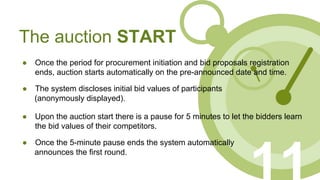 ● Upon the auction start there is a pause for 5 minutes to let the bidders learn
the bid values of their competitors.
The auction START
● Once the period for procurement initiation and bid proposals registration
ends, auction starts automatically on the pre-announced date and time.
● The system discloses initial bid values of participants
(anonymously displayed).
● Once the 5-minute pause ends the system automatically
announces the first round.
 