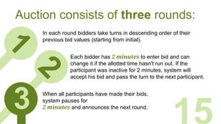 t
1
In each round bidders take turns in descending order of their
previous bid values (starting from initial).
15
Auction consists of three rounds:
Each bidder has 2 minutes to enter bid and can
change it if the allotted time hasn't run out. If the
participant was inactive for 2 minutes, system will
accept his bid and pass the turn to the next participant.
When all participants have made their bids,
system pauses for
2 minutes and announces the next round.
2
3
 