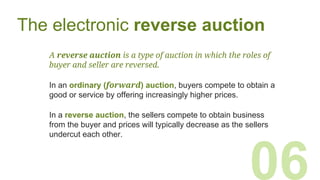 The electronic reverse auction
A reverse auction is a type of auction in which the roles of
buyer and seller are reversed.
06
In an ordinary (forward) auction, buyers compete to obtain a
good or service by offering increasingly higher prices.
In a reverse auction, the sellers compete to obtain business
from the buyer and prices will typically decrease as the sellers
undercut each other.
 
