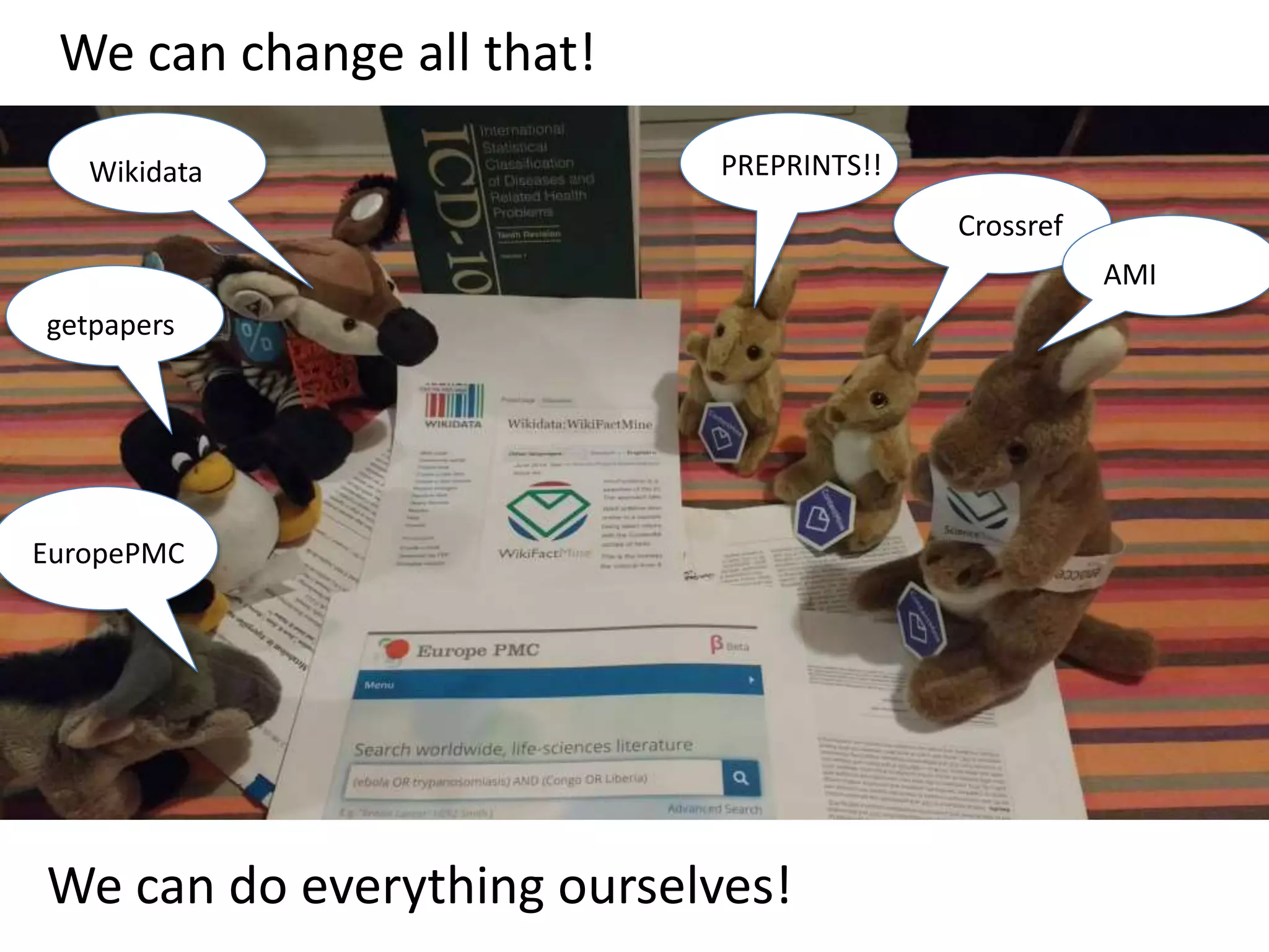 PREPRINTS!!
Crossref
EuropePMC
Wikidata
getpapers
AMI
We can change all that!
We can do everything ourselves!
 