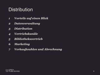 4
Distribution
1 Vorteile auf einen Blick
2 Datenverwaltung
3 Distribution
4 Vertriebskanäle
5 Bibliotheksvertrieb
6 Marketing
7 Verkaufszahlen und Abrechnung
 