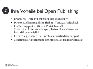 Ihre Vorteile bei Open Publishing
• Erfahrenes Team mit schnellen Reaktionszeiten
• Direkte Auslieferung Ihrer Titel mit Verfügbarkeitscheck
• Ein Vertragspartner für alle Vertriebskanäle
(dadurch z. B. Vorbestellungen, Serieninformationen und
Preisaktionen möglich)
• Keine Titelgebühren für Einzel- oder auch Massenimport
• Gesammelte Ausschüttung der Erlöse aller Händlerverkäufe
5
1
 