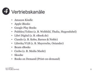 Vertriebskanäle
• Amazon Kindle
• Apple iBooks
• Google Play Books
• Pubbles/Tolino (z. B. Weltbild, Thalia, Hugendubel)
• Libri Digital (z. B. eBook.de)
• Ciando (z. B. Kobo, Barnes & Noble)
• Libreka/VLB (z. B. Mayersche, Osiander)
• Beam eBooks
• Ceebo (z. B. Media Markt)
• Skoobe
• Books on Demand (Print-on-demand)
8
4
 
