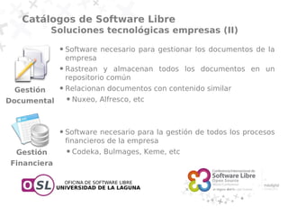 Catálogos de Software Libre
            Soluciones tecnológicas empresas (II)
             ●   Software necesario para gestionar los documentos de la
                 empresa
             ●   Rastrean y almacenan todos los documentos en un
                 repositorio común
 Gestión     ●   Relacionan documentos con contenido similar
Documental       ●   Nuxeo, Alfresco, etc



             ●   Software necesario para la gestión de todos los procesos
                 financieros de la empresa
  Gestión        ●   Codeka, Bulmages, Keme, etc
Financiera
 