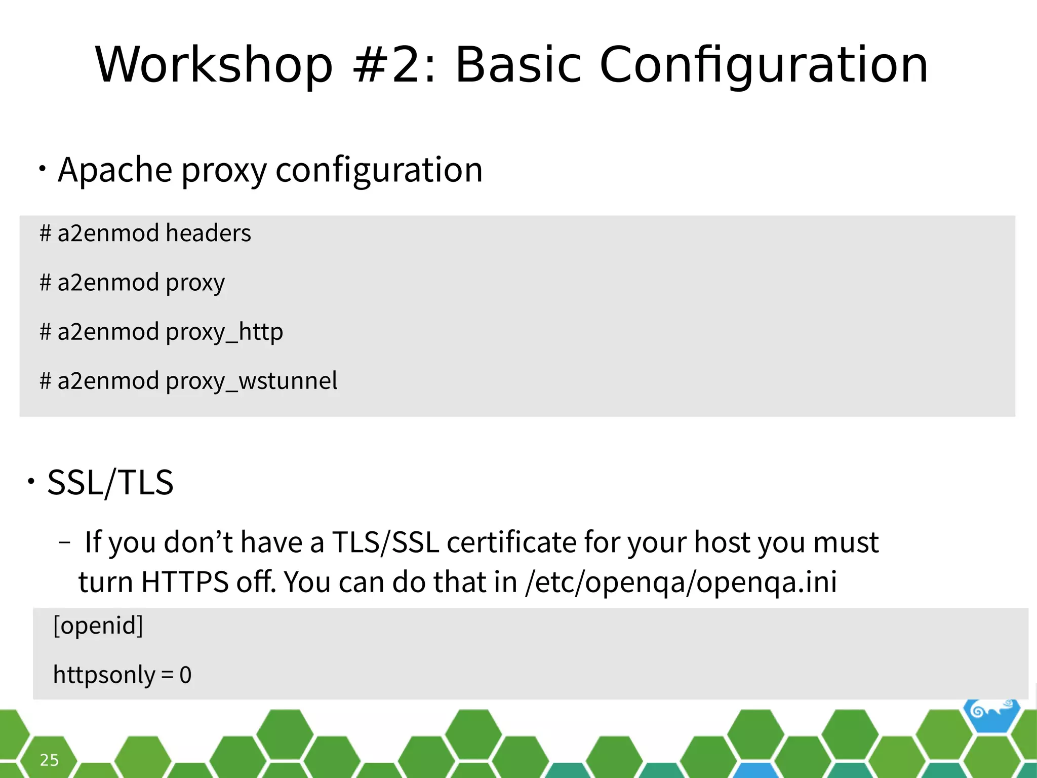 Workshop #2: Basic Configuration
• Apache proxy configuration
• SSL/TLS
‒ If you don’t have a TLS/SSL certificate for your host you must
turn HTTPS off. You can do that in /etc/openqa/openqa.ini
# a2enmod headers
# a2enmod proxy
# a2enmod proxy_http
# a2enmod proxy_wstunnel
 