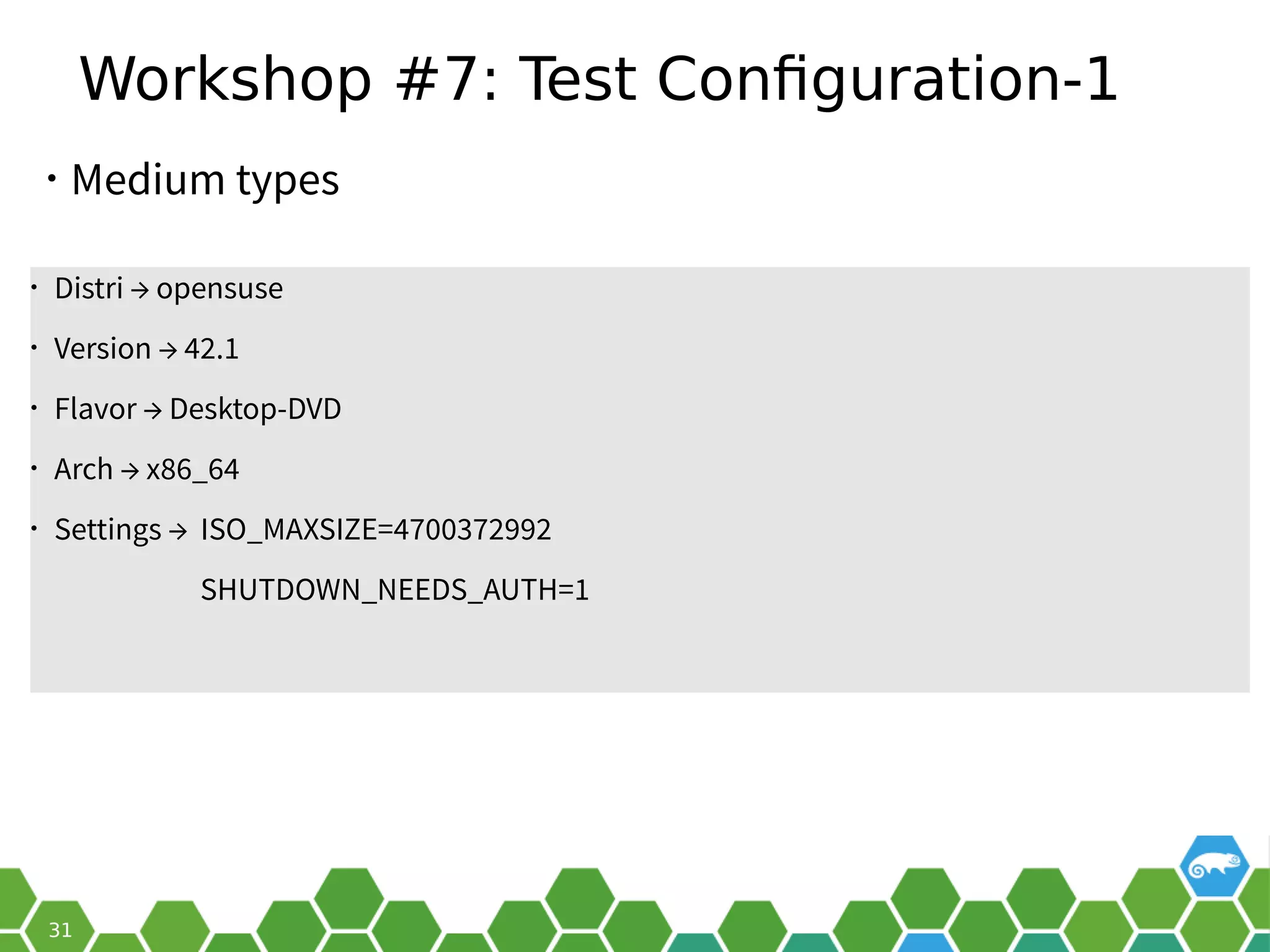 Workshop #7: Test Configuration-1
• Medium types
• Distri → opensuse
• Version → 42.1
• Flavor → Desktop-DVD
• Arch → x86_64
• Settings → ISO_MAXSIZE=4700372992
SHUTDOWN_NEEDS_AUTH=1
 