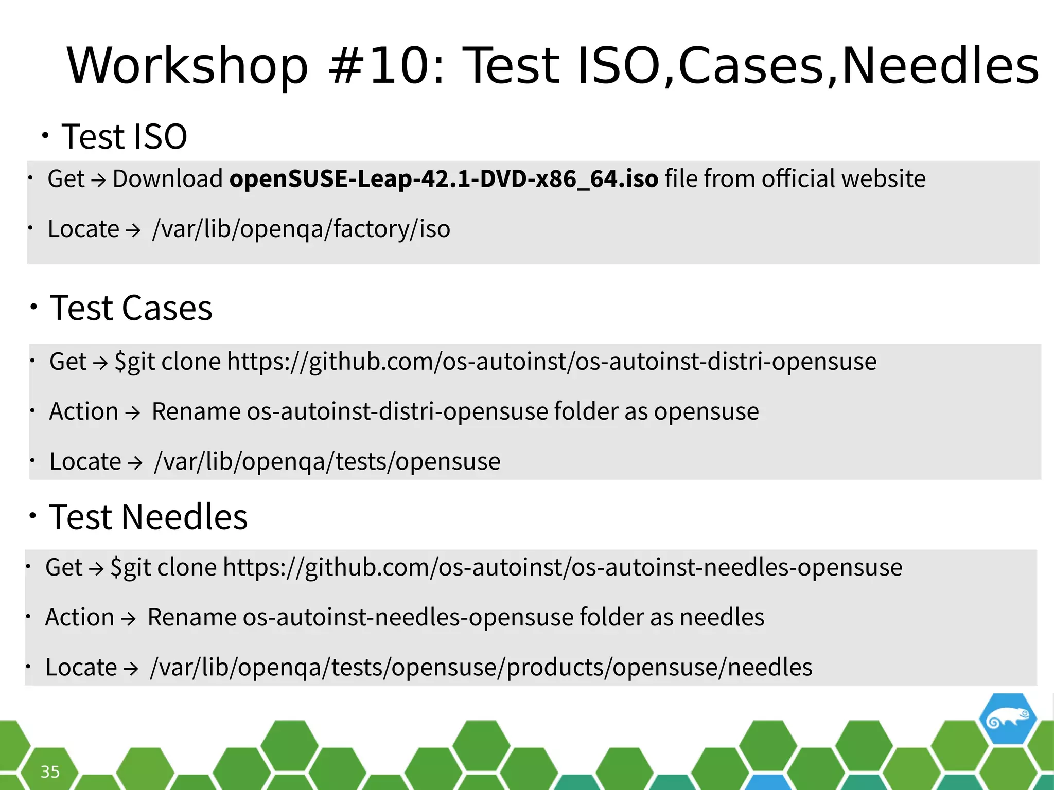 Workshop #10: Test ISO,Cases,Needles
• Test Needles
• Get → Download openSUSE-Leap-42.1-DVD-x86_64.iso file from official website
• Locate → /var/lib/openqa/factory/iso
• Test ISO
• Get → $git clone https://github.com/os-autoinst/os-autoinst-distri-opensuse
• Action → Rename os-autoinst-distri-opensuse folder as opensuse
• Locate → /var/lib/openqa/tests/opensuse
• Test Cases
• Get → $git clone https://github.com/os-autoinst/os-autoinst-needles-opensuse
• Action → Rename os-autoinst-needles-opensuse folder as needles
• Locate → /var/lib/openqa/tests/opensuse/products/opensuse/needles
 